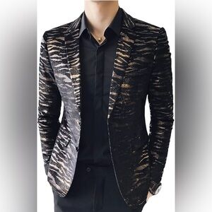 OUYE Men's Golden Leopard 2 Button Casual Blazer